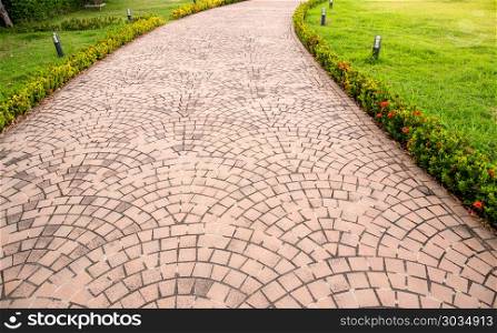 Pathway formed slabs stone between land with fresh green spring or summer grass in a garden park central city town Empty space for full length walking or standing people. Pathway formed slabs stone between land with fresh green spring