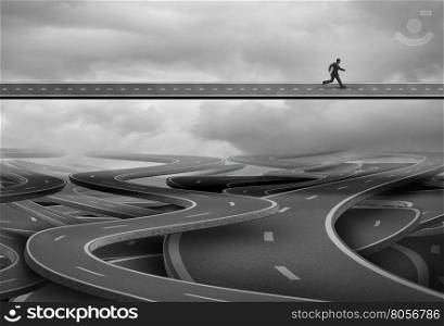 Pathway to freedom and concept for escape and a way forward towards success as a businessman finding the solution path and rise above and leave the confusion of a group of tangled roads below with 3D illustration elements.
