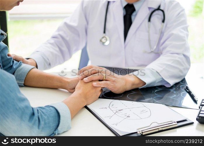 Patient Being Reassured desperate holding hand By Doctor encouraging support and comforting with sympathy. In Hospital Room