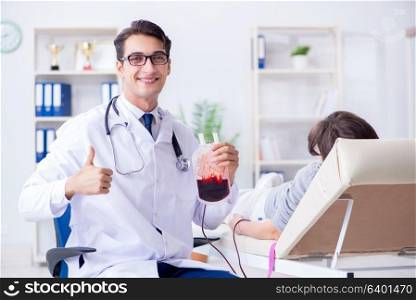 Patient getting blood transfusion in hospital clinic