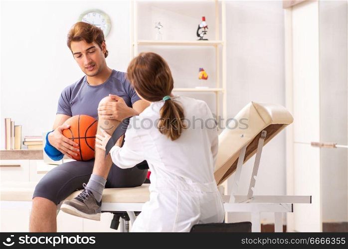 Patient getting treatment in clinic. Handsome basketball player visiting female doctor traumatologist