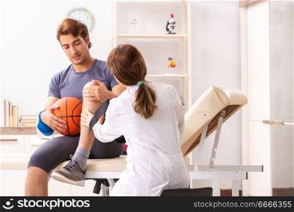 Patient getting treatment in clinic. Handsome basketball player visiting female doctor traumatologist