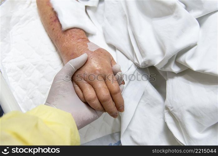 Patient in the hospital with saline intravenous and relatives patient hand holding a elderly patient hand. Patient in the hospital and holding a hand