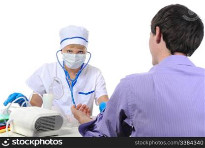 patient sits at a reception in the office of a doctor. Isolated on white background