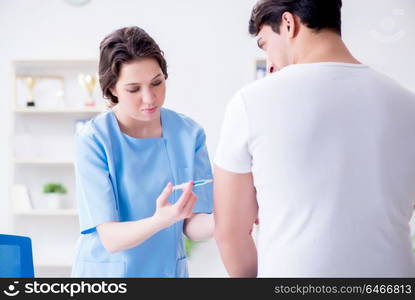 Patient visitng doctor for annual flu shot inoculation for prevention. Patient visitng doctor for annual flu shot inoculation for preve