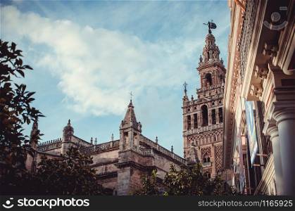 Patio de Banderas square, or Orange Trees square, one of the places where the Giralda tower can be seen in Sevilla, Spain. The Giralda view from the Patio de BAnderas square
