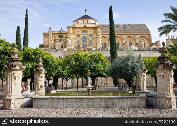 Patio of the orange trees (Patio de los Naranjos) at the Mezquita (Cathedral Mosque) in Cordoba, Andalusia, Spain.