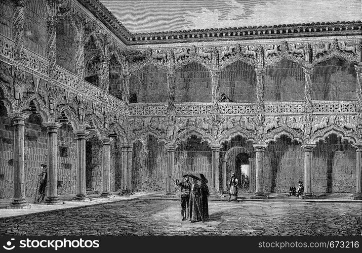 Patio of the palace of the Dukes of Infantado, Guadalajara, vintage engraved illustration. Le Tour du Monde, Travel Journal, (1872).