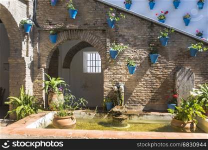 patio with blue pots with flowers and green plants with water fontain in small pond in spain