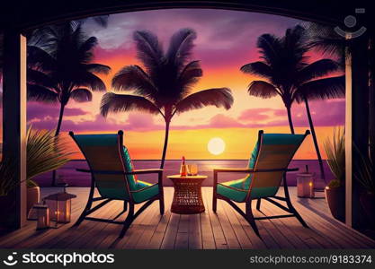 patio, with lounge chairs and tropical drink, against sunset backdrop, created with generative ai. patio, with lounge chairs and tropical drink, against sunset backdrop