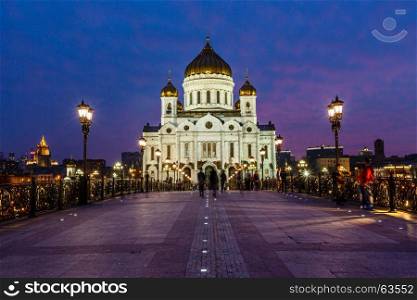 Patriarch Bridge and Cathedral of Christ the Saviour in the Evening, Russia, Moscow