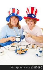 Patriotic conservative American voters sitting down to an actual tea party. White background