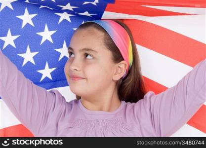Patriotic little girl with american flag isolated over white