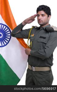 Patriotic security guard saluting Indian flag