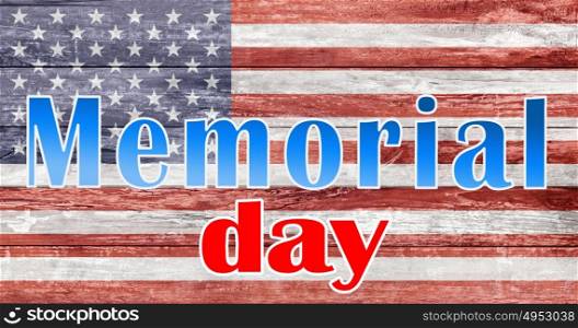 patriotism and national holidays concept - memorial day words over american flag painted on wooden texture. memorial day words over american flag