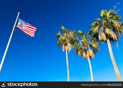 patriotism, independence day and summer holidays concept - american flag and palm trees over blue sky at venice beach, california. american flag and palm trees at venice beach