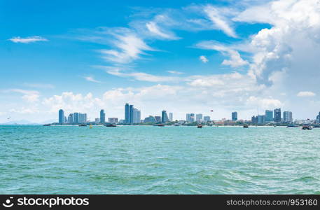 Pattaya city view on the sea and boat. Beautiful natural seascape at the summer time