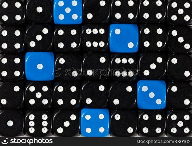 Pattern background of random ordered black dices with five blue cubes. Background of random ordered black dices with five blue cubes