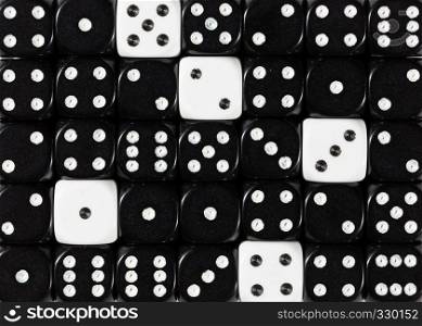 Pattern background of random ordered black dices with five white cubes. Background of random ordered black dices with five white cubes