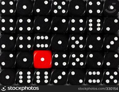 Pattern background of random ordered black dices with one red cube. Background of random ordered black dices with one red cube