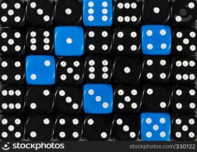 Pattern background of random ordered black dices with six blue cubes. Background of random ordered black dices with six blue cubes