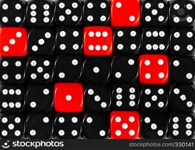 Pattern background of random ordered black dices with six red cubes. Background of random ordered black dices with six red cubes