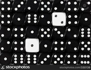 Pattern background of random ordered black dices with two white cubes. Background of random ordered black dices with two white cubes