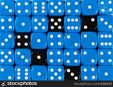 Pattern background of random ordered blue dices with five black cubes. Background of random ordered blue dices with five black cubes