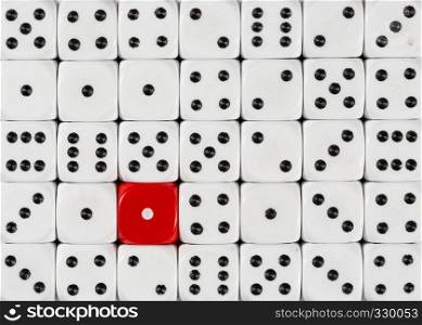 Pattern background of random ordered white dices with one red cube. Background of random ordered white dices with one red cube