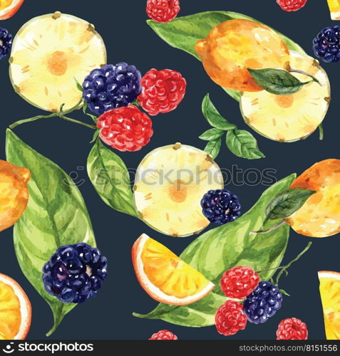 Pattern design with berries and pineapple concept, colorful seamless illustration design template.