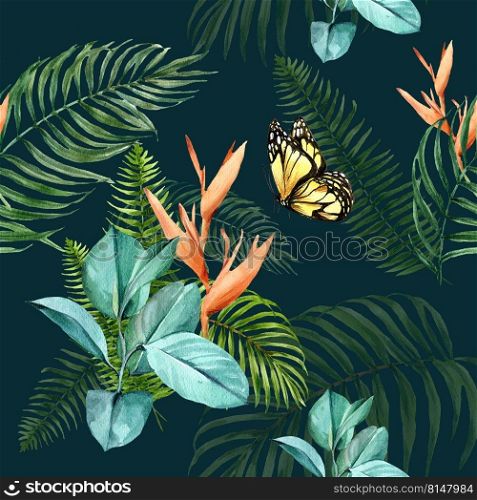 Pattern design with butterfly and foliage, creative watercolor vector illustration design template.