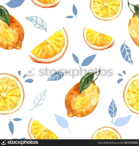 Pattern design with lemon and leaves theme on white background watercolor illustration template.