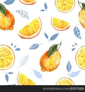 Pattern design with lemon and leaves theme on white background watercolor illustration template.