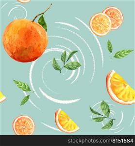 Pattern design with orange and foliage on blue background seamless illustration template