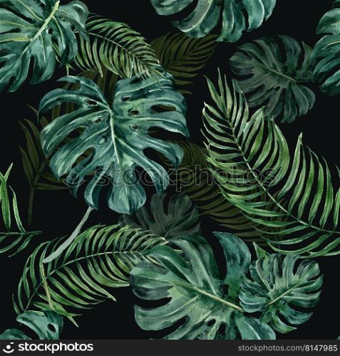 Pattern design with palms and monstera leaves, green-toned watercolor vector illustration.