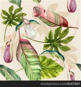 Pattern design with tropical plants theme, foliage watercolor illustration.