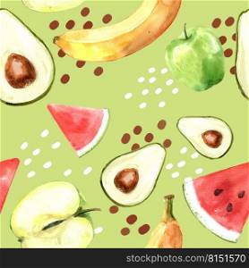 Pattern design with various fruits concept, green theme seamless illustration design template