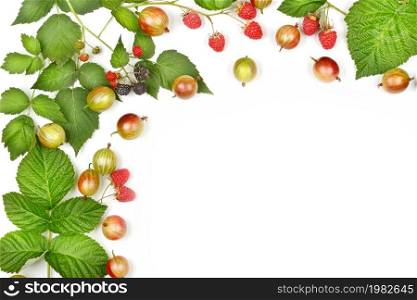 Pattern from raspberries and gooseberries isolated on a white background. Free space for text.
