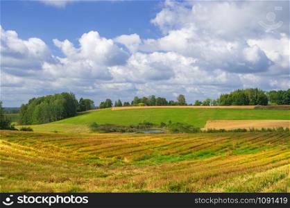 Pattern of harvested agricultural fields in the hills surrounded by trees with small pond in the middle of them on a warm late summer afternoon in Latvia