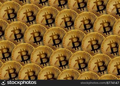 Pattern of many golden bitcoins. Background image for cryptocurrency Internet resources. Mining concept. Pattern of many golden bitcoins. Cryptocurrency mining concept