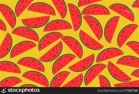 Pattern of watermelon slices isolated on yellow background, 3D rendering
