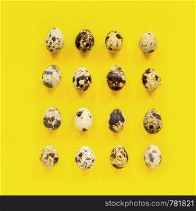 Pattern set of quail eggs on yellow paper background. Easter concept. Template Creative Flat lay Top view.. Pattern set of quail eggs on yellow paper background. Easter concept. Template Creative Flat lay Top view