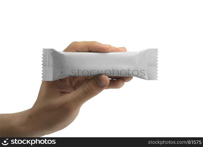 pattern white packaging for snack. clean white packaging for snacks in hand