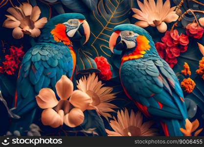 Pattern with beautiful parrots and tropical leaves. Birds background. Generative AI 