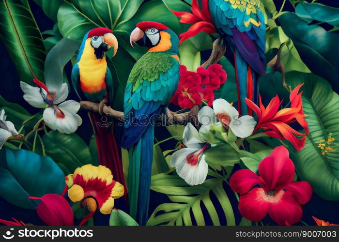 Pattern with beautiful parrots and tropical leaves. Birds background. Generative AI
