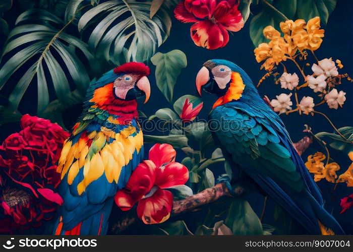 Pattern with beautiful parrots and tropical leaves. Birds background. Generative AI
