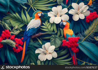Pattern with beautiful parrots and tropical leaves. Birds background. Generative AI 