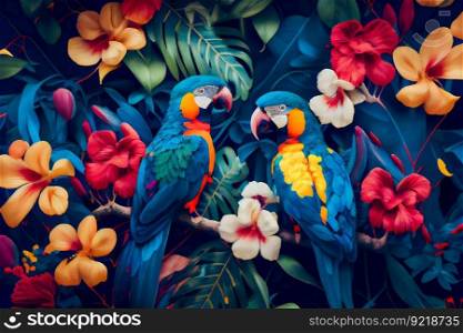 Pattern with beautiful parrots and tropical leaves. Birds background. Generative AI
