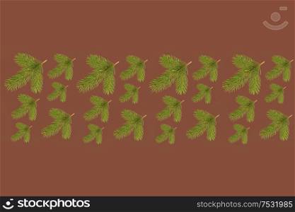 Pattern With Green Pine Branches on Brown Background