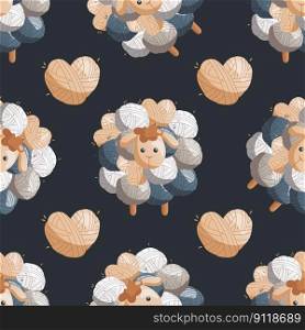 Pattern with toy sheep made of balls of wool. Skein of yarn. Tools and equipment for knitwork, handicraft. Handmade needlework, hobby at home. Knitting studio, workshop advertising. Cartoon 